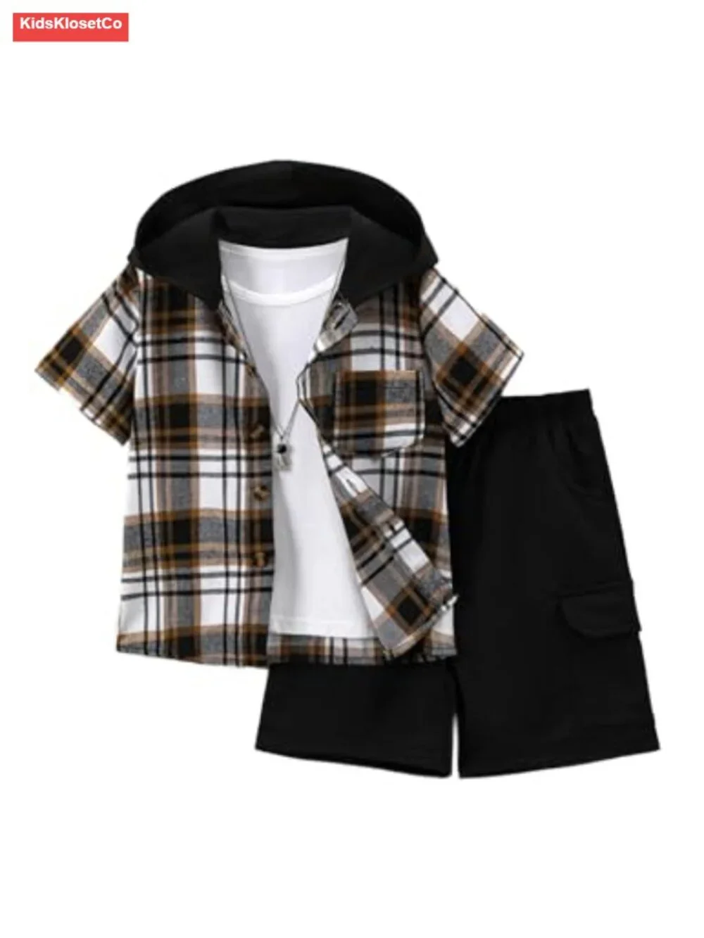 Boys Plaid Short Sleeve Hooded Button Shirt and Jogger Shorts Set